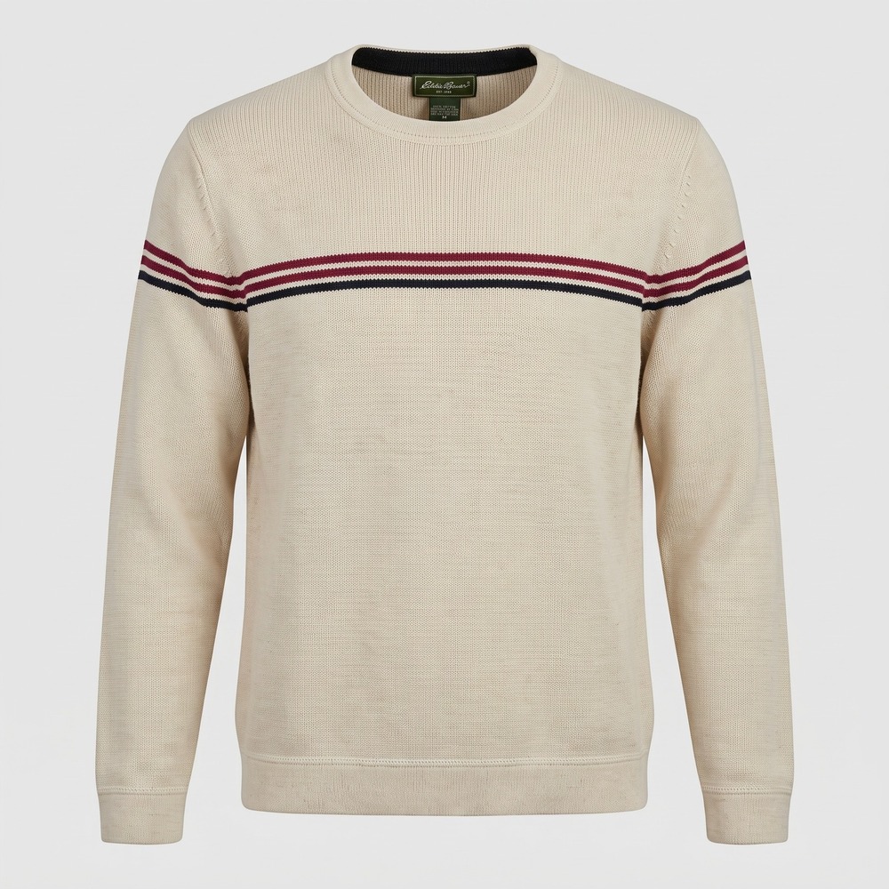 Eddie Bauer Mens Medium Cream Cotton Sweater Stripe Crewneck Ribbed Australia